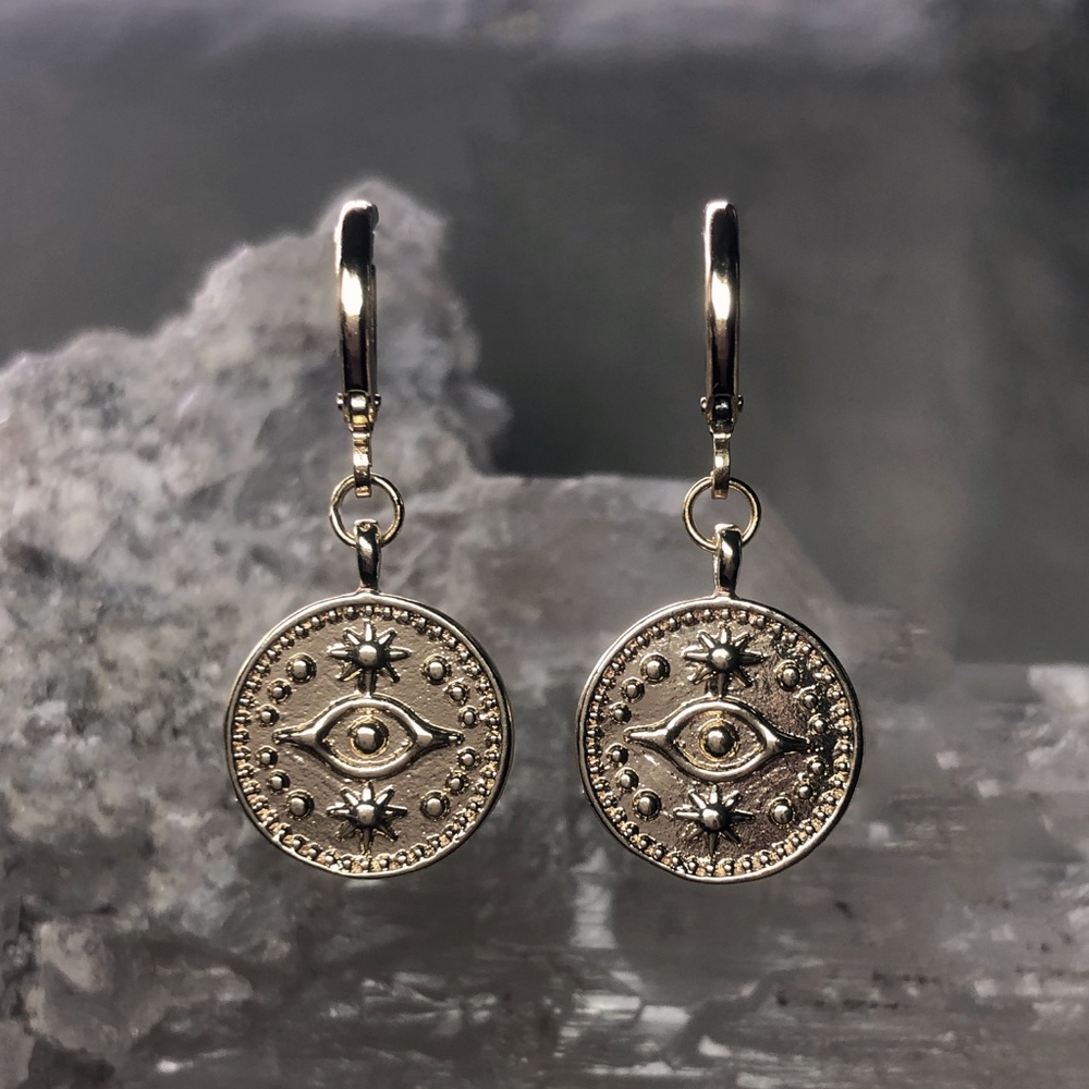 Evil Eye Medallion Gold Plated Hoop Earrings